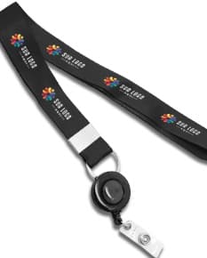 Cordão para crachá com roller clips em um fundo branco.
