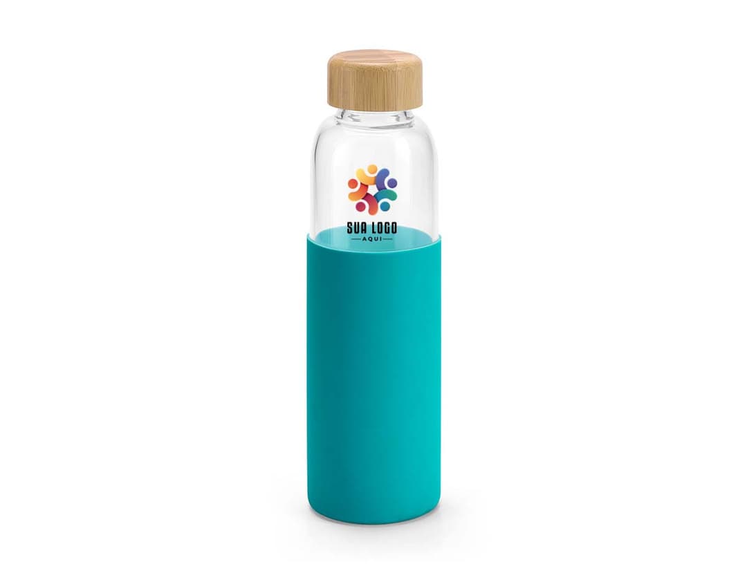 Squeez de vidro com tampa de bambu e revestimento de silicone, capacidade de 600ml.