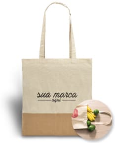 Sacola de algodão 160g com detalhes em juta, ideal para compras e presente. Produto seguro, com fecho de segurança e espaço para armazenamento. Design moderno e resistente, perfeito para compras e presente.