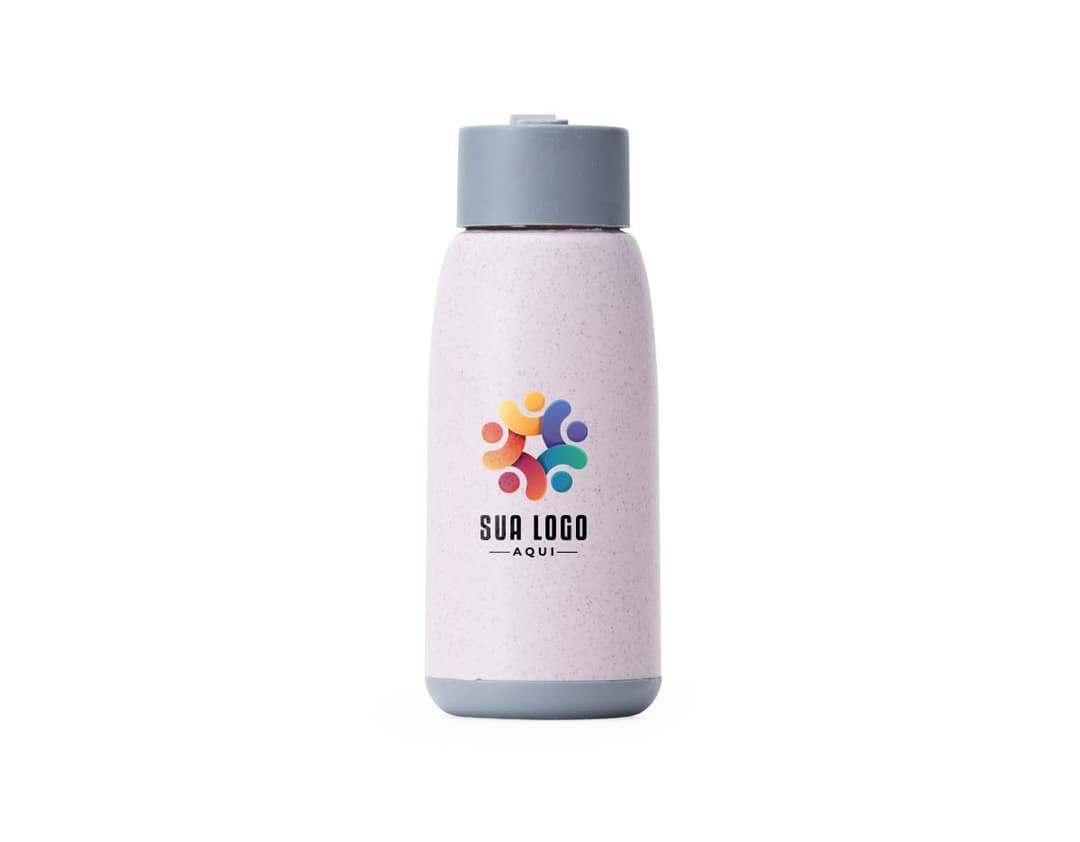 Garrafa de vidro transparente de 350ml, contendo tampa de metal prateada.