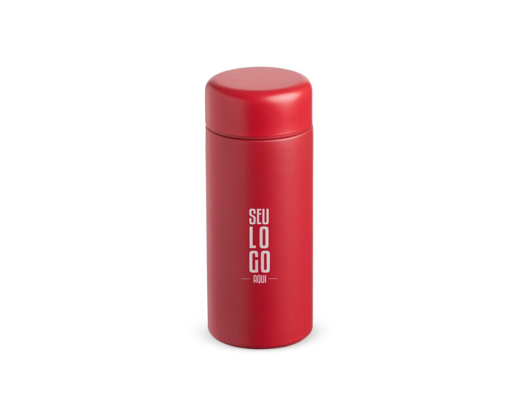 Garrafa térmica 200ml com design moderno e colorido em metal e plástico, perfeita para manter a temperatura de líquidos. Ideal para cuidados de higiene e beleza, contendo diversos produtos de cosméticos e higiene pessoal.