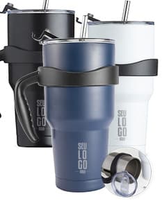 Caneca Térmica Inox 800ml com tampa de rosca e alça resistente.