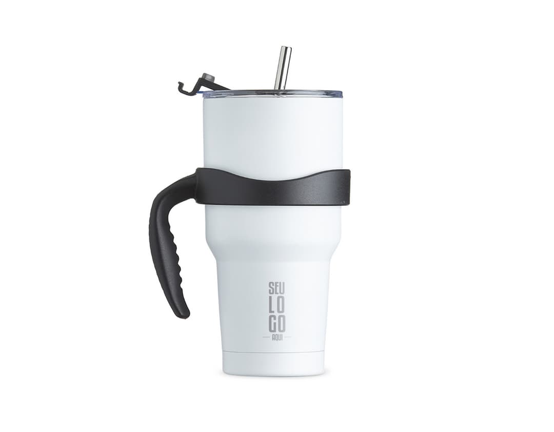 Caneca Térmica Inox 800ml com tampa de rosca e alça resistente.