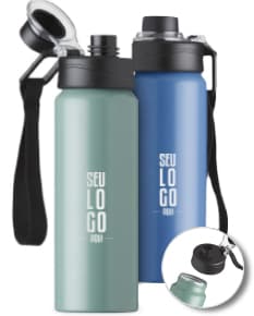 Produto Squeeze Alumínio 800ml c/ alças em metal prateado, ideal para armazenar líquidos. Possui design moderno com alças para segurar, indicado para uso em festas, negócios ou atividades ao ar livre.