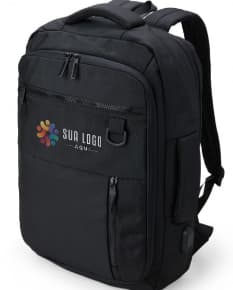 Mochila de nylon preta de 20 litros para viagem e trabalho, com alça de couro, zíper, alça de mão e design moderno e elegante. Ideal para executivos e profissionais bem-sucedidos.