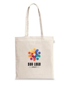 Sacola de compras de luxo marrom, feita de 100% algodão reciclado, com alça de couro, fecho de metal com cadeado, elegante e moderna.