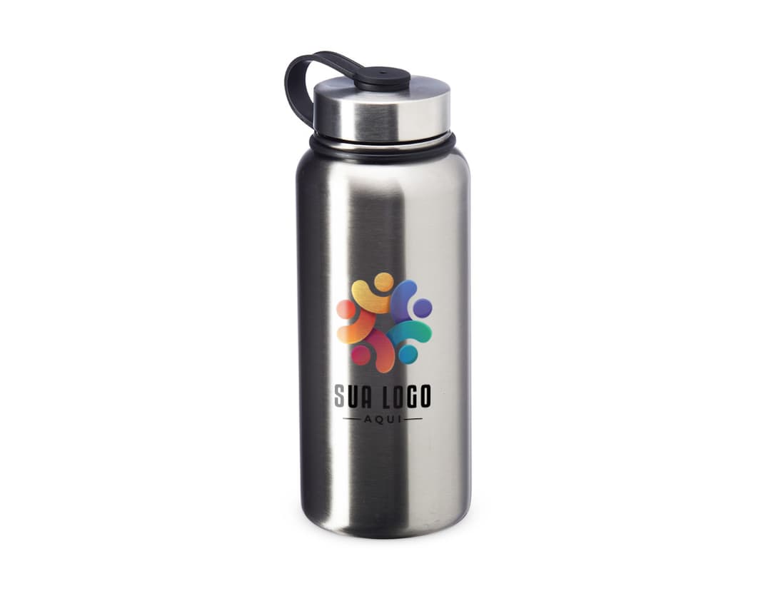Garrafa térmica de inox de 950ml, objeto com tampa líquido, vaso, etiqueta de saúde, bebida, material feito de vidro, plástico e metal, recipiente transparente e brilhante, válvula de spray, equipamento para cuidados pessoais e higiene, ideal para armazenar líquidos quentes ou frios.
