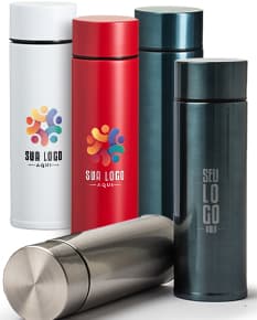 Garrafa térmica em inox de 320ml em destaque. Cor prateada, design elegante e tampa rosqueável. Ideal para manter a temperatura de líquidos por horas.