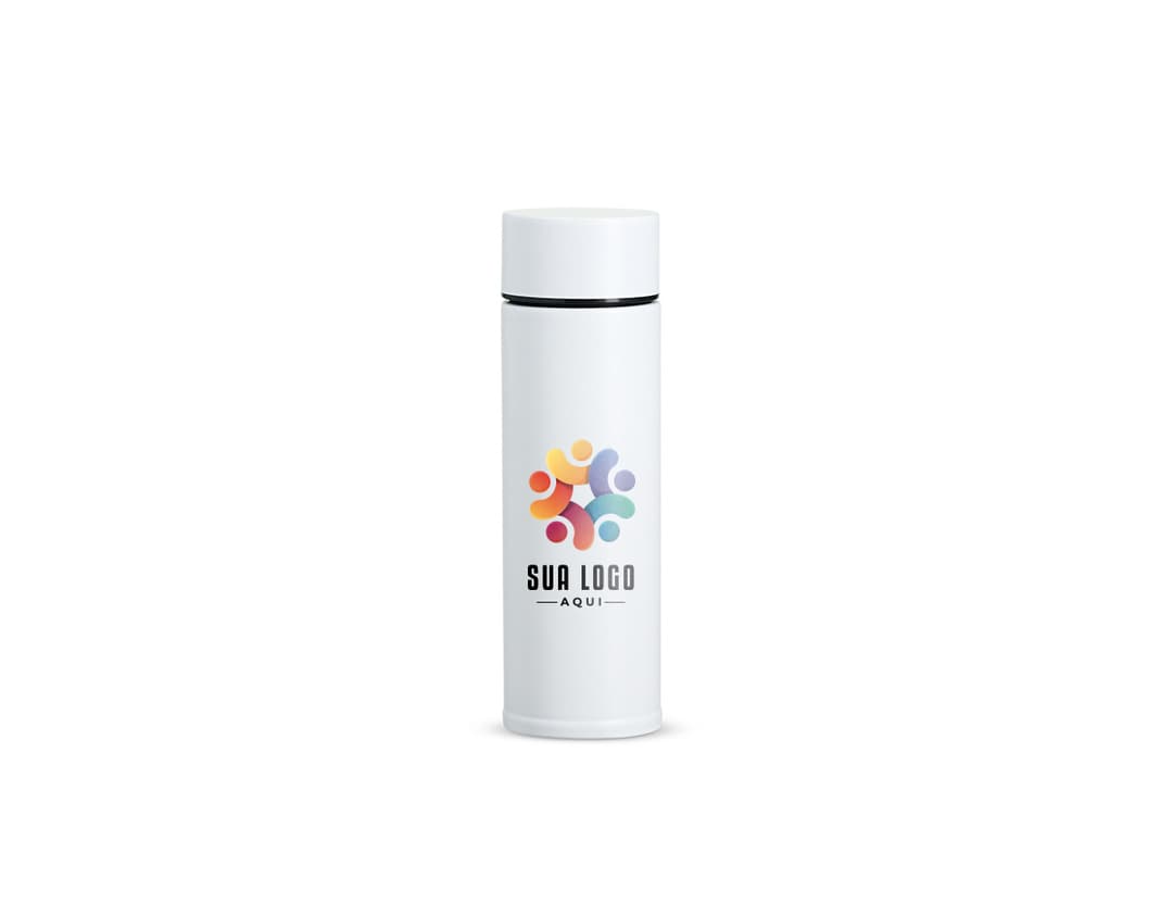 Garrafa térmica em inox de 320ml em destaque. Cor prateada, design elegante e tampa rosqueável. Ideal para manter a temperatura de líquidos por horas.