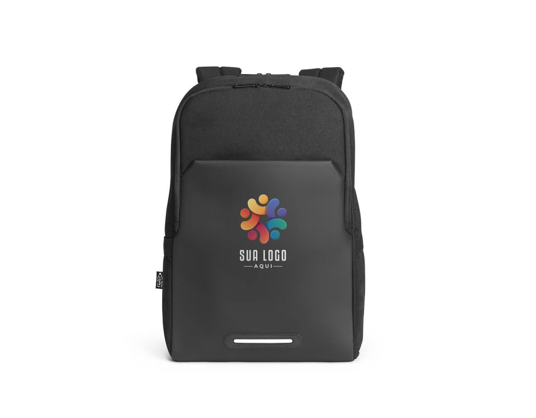 Mochila preta de couro moderna equipada com zíper, alça de transporte e bolsos. Ideal para viagens de negócios ou uso diário no escritório.