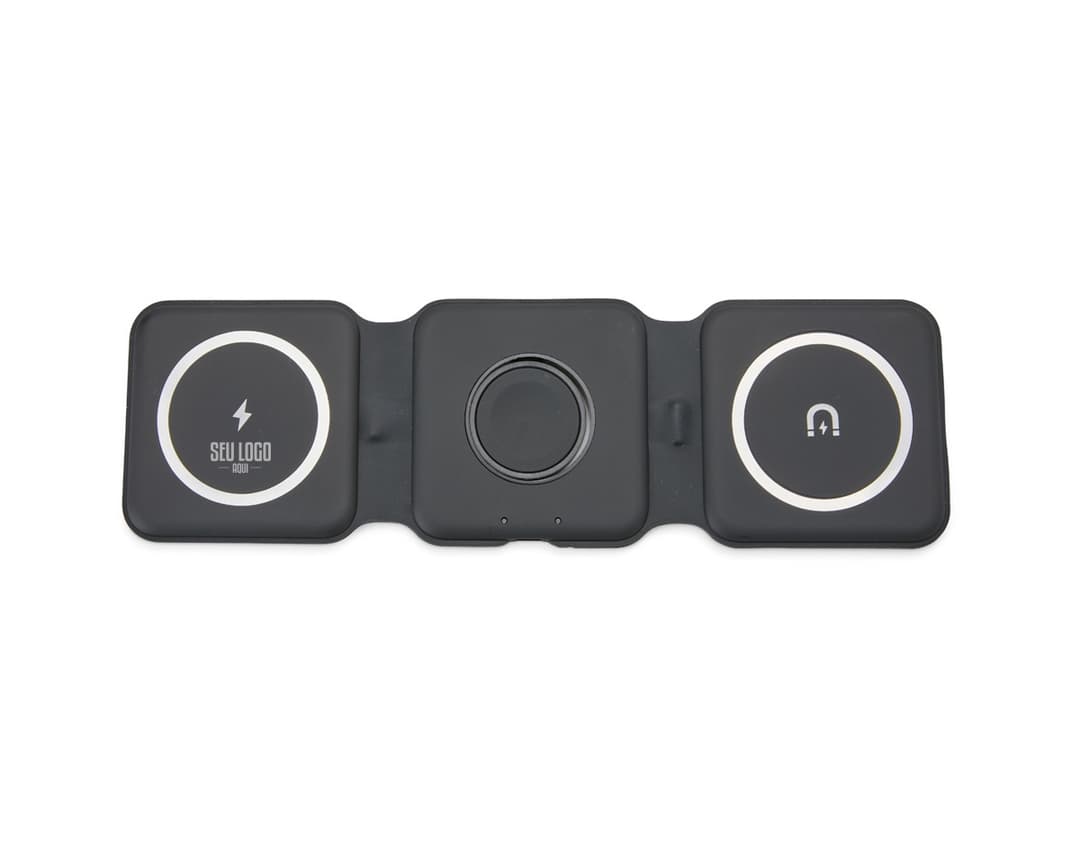 Carregador via Indução 3 em 1 com scanner e detector de tecnologia eletrônica, equipamento moderno para armazenar e transferir dados digitalmente. Inclui teclado, tela, laptop, telefone celular, disco, e diversos acessórios eletrônicos.