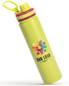 Garrafa térmica 750ml em cor prata com tampa rosqueável e alça para fácil transporte.