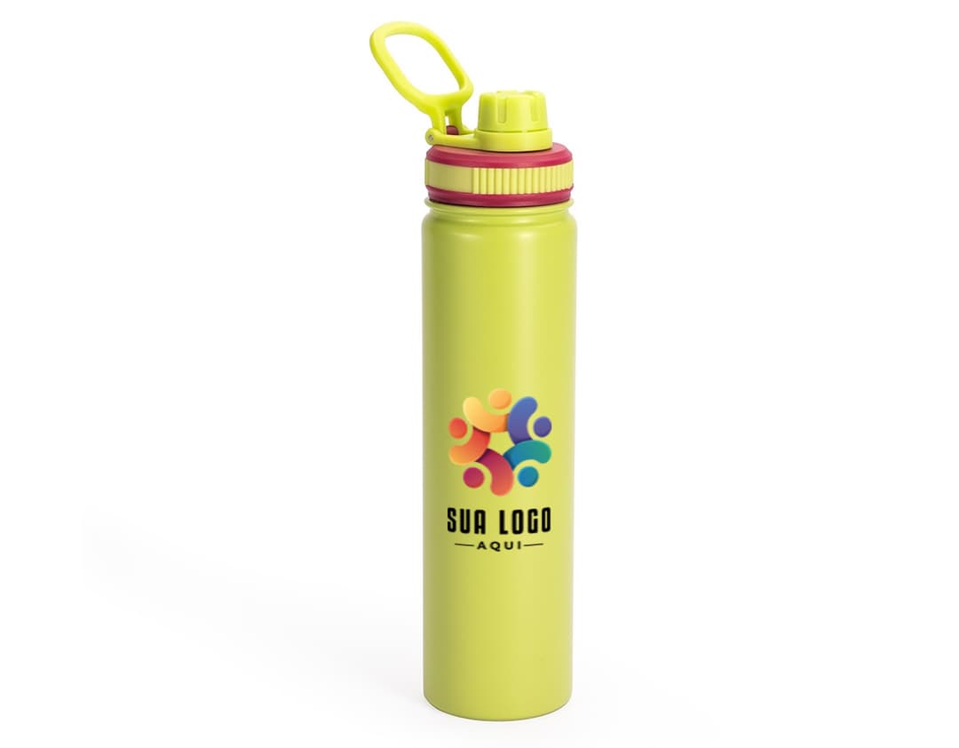 Garrafa térmica 750ml em cor prata com tampa rosqueável e alça para fácil transporte.