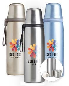 Garrafa térmica de 850ml em aço inoxidável com tampa de rosca e alça dobrável.