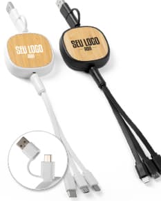 Cabo para carregamento 3 em 1 em cores preta, branca e rosa, com conectores USB, micro-USB e Lightning.
