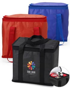 Mala térmica de 12 litros com design moderno e elegante, ideal para transportar alimentos e bebidas de forma prática e segura. A imagem mostra uma pessoa sorridente, segurando a bolsa térmica em um ambiente de compras, transmitindo felicidade e praticidade.