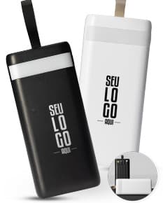 Power Bank de 20 mil mAh com lanterna e cabos.