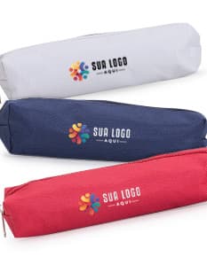 Estojo de nylon marrom com detalhes em couro, design elegante, fecho de correr, ideal para armazenar materiais de escritório, dinheiro, documentos e acessórios pessoais.